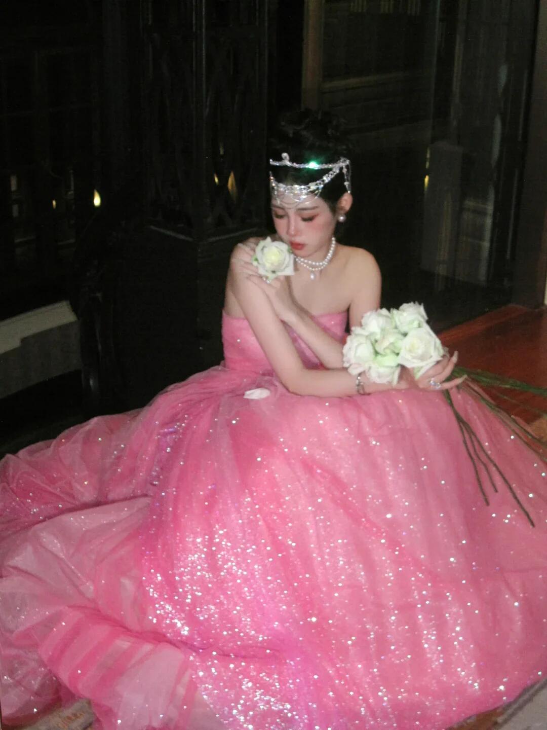 Glitter Pink Strapless Tulle Sequin Long Birthday Prom Dress Party Gown SP3911