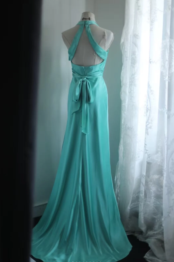Elegant Green Halter Satin Mermaid Long Wedding Guest Dress Party Dress SP1263