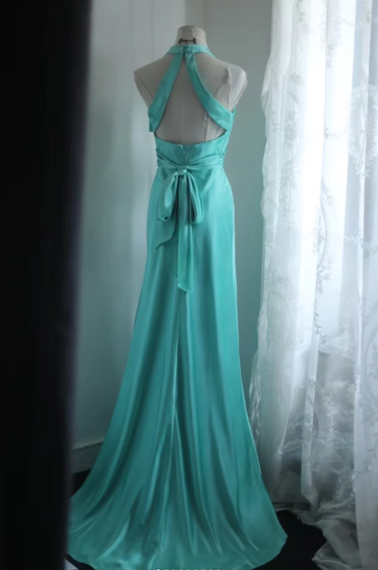 Elegant Green Halter Satin Mermaid Long Wedding Guest Dress Party Dress SP1263