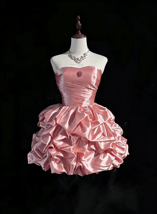Cute Strapless Satin Pleated A Line Short 17th Birthday Outfits,Pink Short Homecoming Dress SP2925