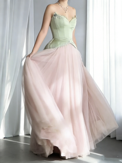 Pretty Strapless Tulle Beaded A Line Long Evening Dress Birthday Prom Dresses SP2051