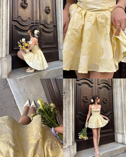 Pretty Yellow Satin Printed Floral Short 9th Grade Homecoming Dress Halter A Line Short Birthday Outfits SP2350