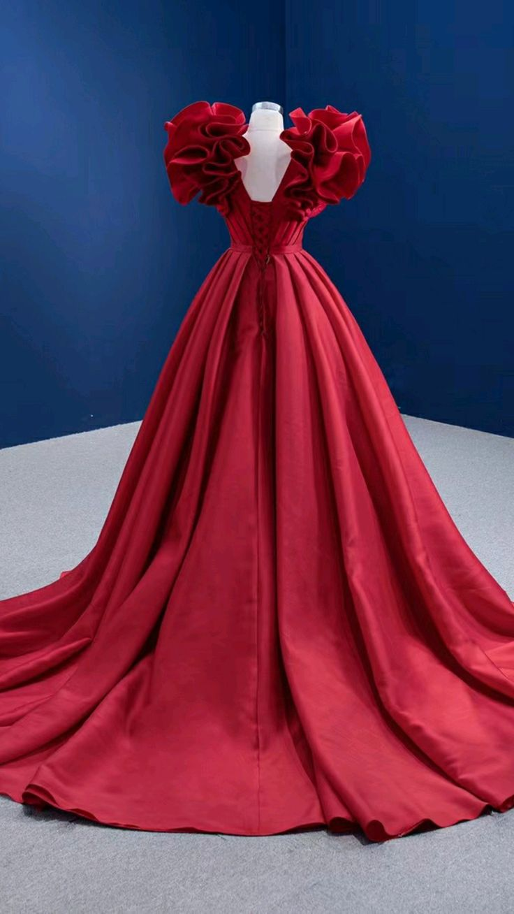 Red Pageant Dress Ruffle Prom Dress V-neck Satin Formal Gown Y4965