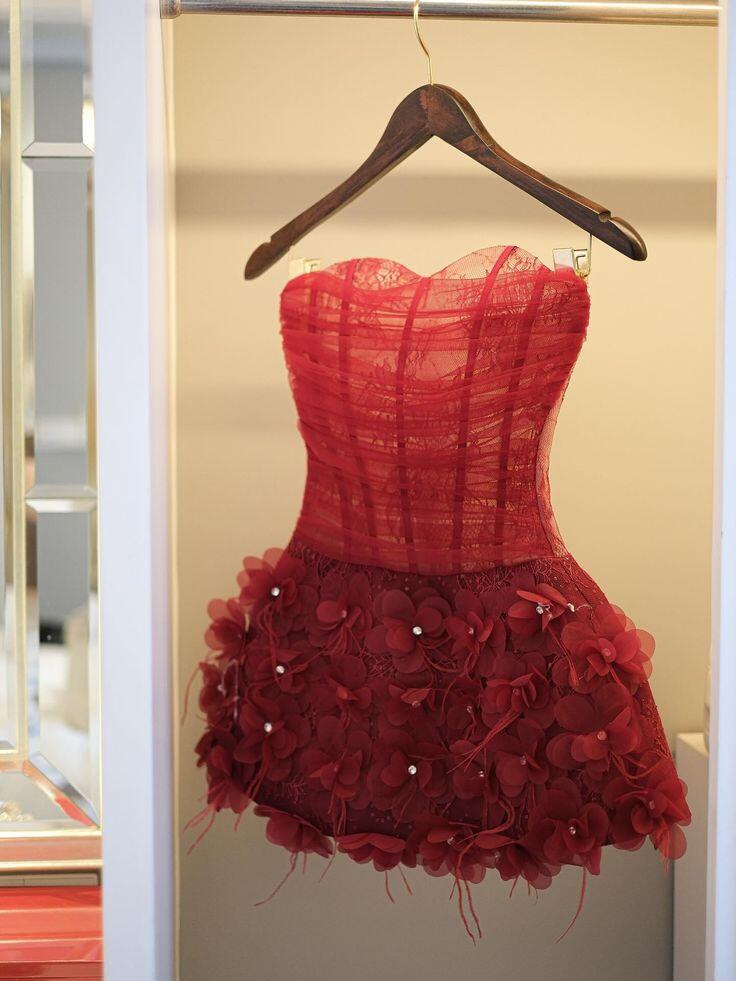 Elegant Sweetheart Neck Burgundy Lace Tulle Floral Short 6th Grade Homecoming Dress Birthday Outfits SP2417