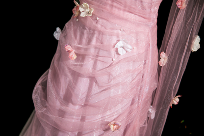 Pretty Pink Tulle Appliques Wedding Dress,Strapless Mermaid Party Evening Dress Y8714