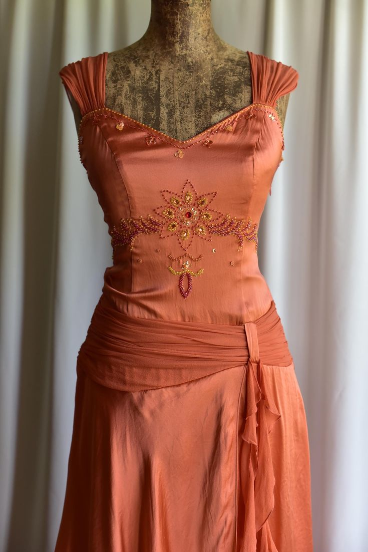 Vintage Orange V Neck Satin Chiffon Beaded Layered Mermaid Party Dress Formal Birthday Prom Gown SP684