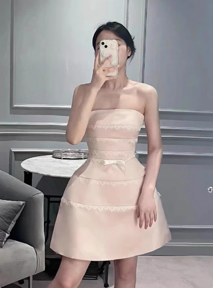 Classy Strapless Pink Satin Lace Short 20th Birthday Outfits,Formal Graduation Homecoming Dress SP3274