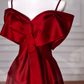 Red Satin Off The Shoulder Prom Dress,Bow A Line Evening Dress Y8626