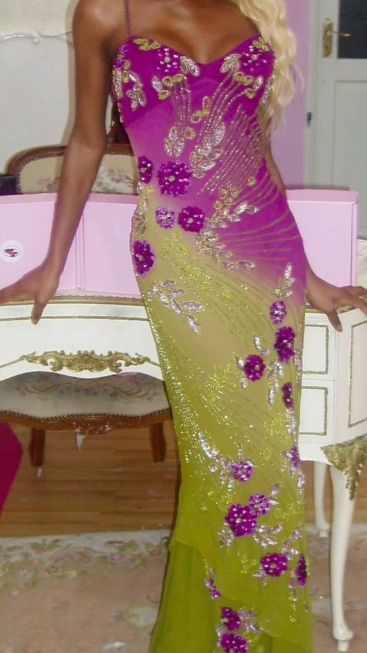 Pretty Spaghetti Straps Chiffon Beaded Ruffles Sheath Long Evening Dress Formal Prom Gown SP264