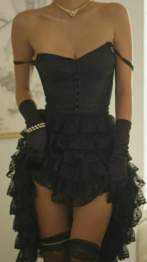 Classy Black Spaghetti Straps Lace Layered Cocktail Dress Homecoming Dress Y8856