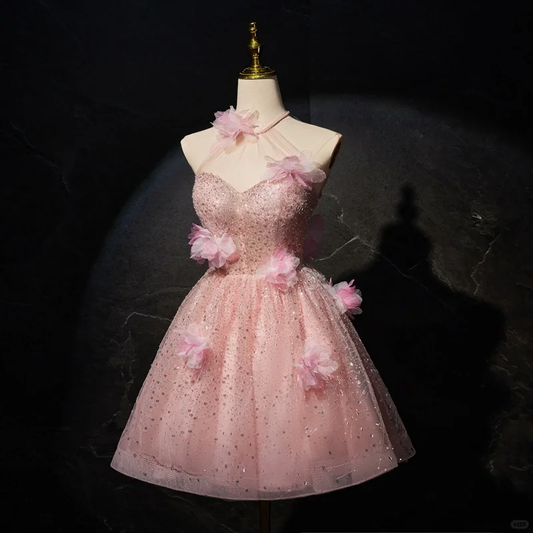 Sparkly A Line Halter Tulle Sequin Pink Short Homecoming Dress 16th Birthday Outfits Y9531