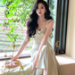 Stylish Ruffled Square Collar Women Satin Mid-Length Dress Slim Waist Female Sleeveless Pencil Mermaid Prom Dress Y6281