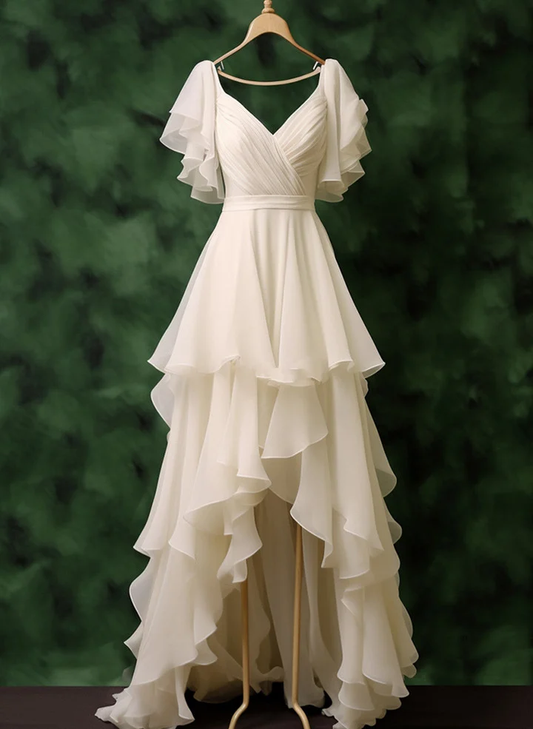 Pretty White Chiffon High Low Party Dress,Layered  Wedding Prom Dress Y7749