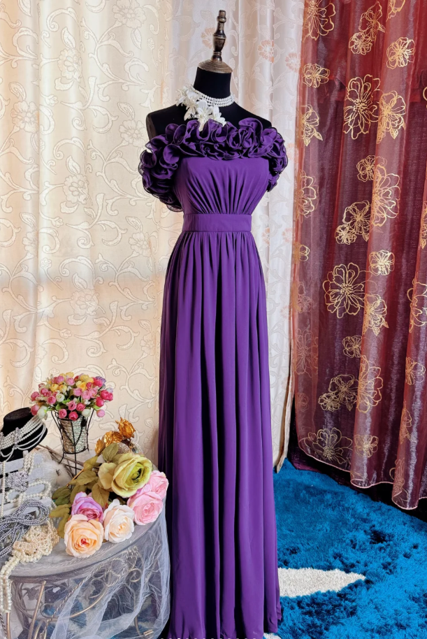 Classy Purple Ruffles Strapless Chiffon Long Prom Dress Evening Gown SP1895
