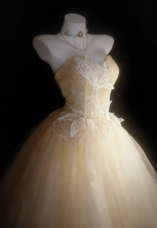 Classy Light Champagne Tulle Sequin Appliques Long Birthday Prom Dress Evening Gown SP1842