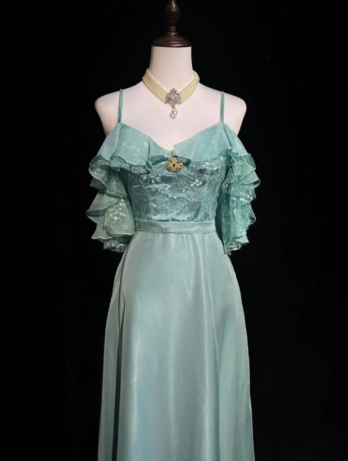 Elegant Mint Green Spaghetti Straps Lace Satin Mermaid Long Wedding Guest Dress Formal Birthday Party Dress  SP1281