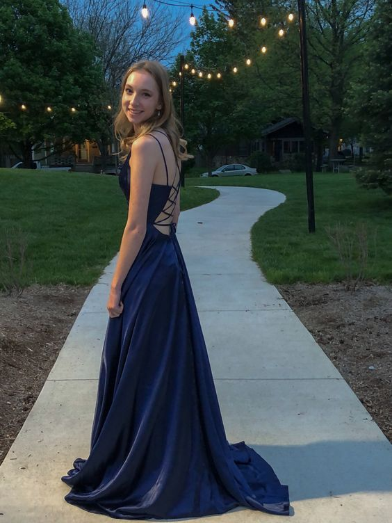 A-line Backless Prom Dress,Navy Blue Graduation Dress  Y7449