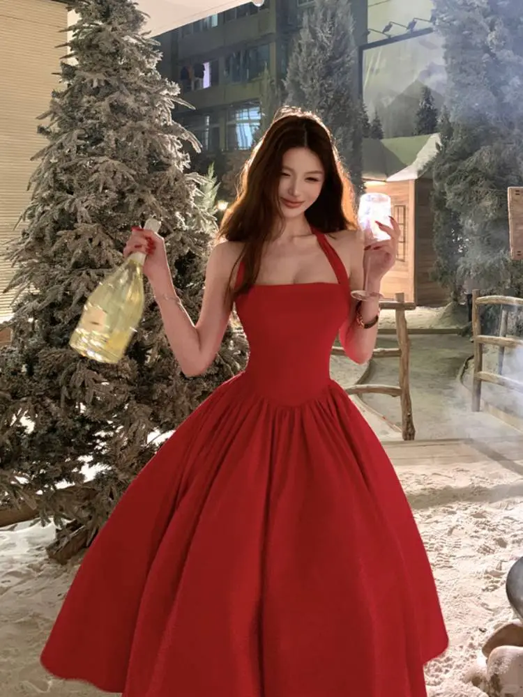 Charming Halter A Line Satin Long Prom Dress Red Evening Dress Birthday Dress SP2297