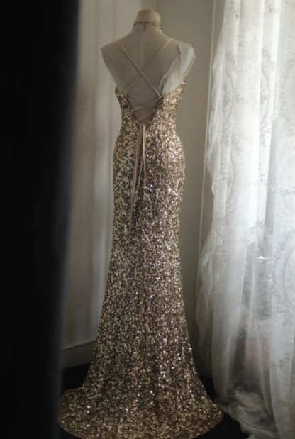 Pretty Spaghetti Straps Gold Sequin Slit Mermaid Long Wedding Guest Dress Birthday Party Gown SP1260