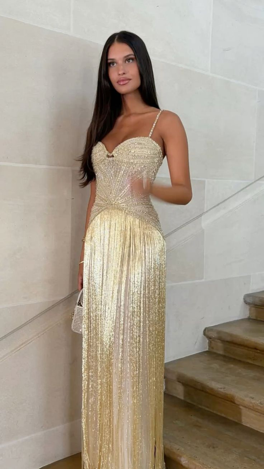 Luxurious Spaghetti Straps Sequin Beaded Tassel Gold Long Evening Dress Prom Gown SP792