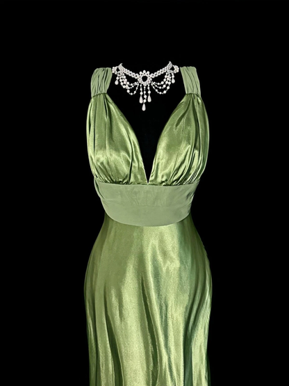 Gorgeous Temperament Green Prom Dress Satin V-Neck Backless Pleated Evening Dress Y8767