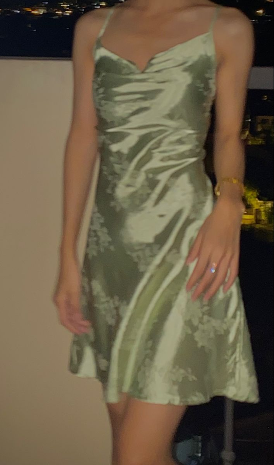 Classy Spaghetti Straps Green Satin Printed Floral Short Homecoming Dress 19th Birthday Outfits SP74