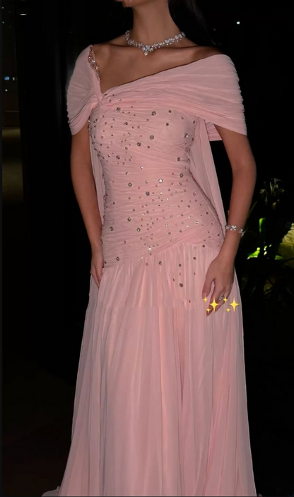 Pretty Pink Chiffon Beaded Mermaid Long Wedding Guest Dress Formal Evening Dress Birthday Dress SP1293