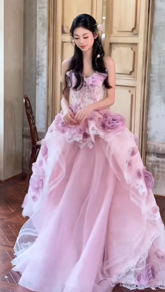 Pretty Pink Strapless Tulle Lace Appliques Long Evening Dress Birthday Prom Gown With Beads SP1661