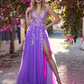Purple V Neck Tulle Lace Appliques Long Prom Dress, High Slit Evening Dress Y7847