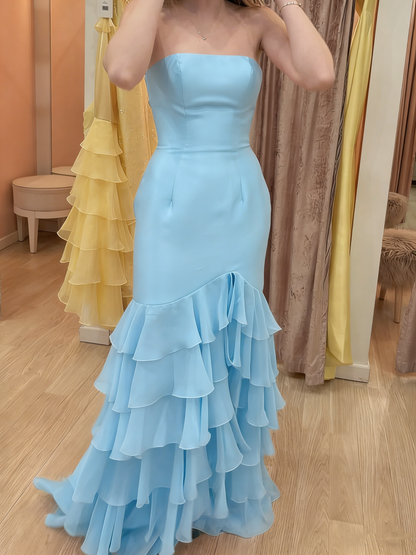 Classy Pink Strapless Satin Chiffon Layered Slit Long Party Dress 19th Birthday Outfits SP2049