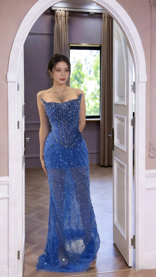 Elegant Strapless Royal Blue Tulle Beaded Mermaid Long Evening Dress Birthday Dress SP1703