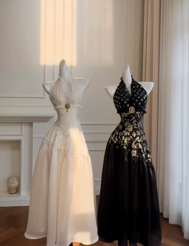 Elegant Black Halter Satin Print Floral Sequins Evening Dress,Long ALine Prom Dress Y8568