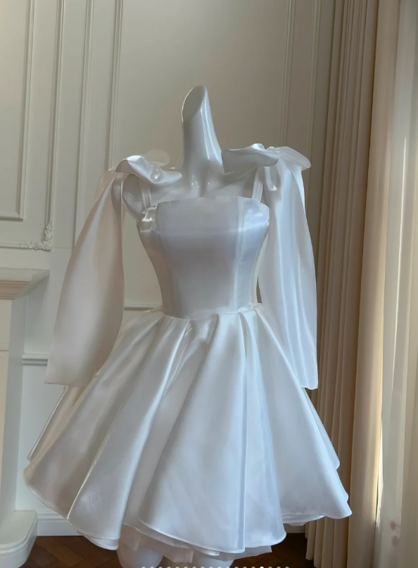 Cute White satin Short Prom Dress Homecoming Dress  Y8583