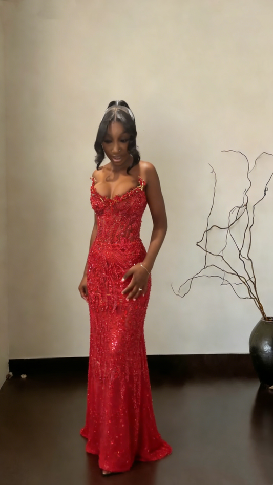 Glamorous Strapless Red Tulle Sequin Beaded Mermaid Evening Dress Long Birthday Prom Dress SP1507