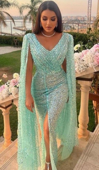 Glitter Sequin Evening Dress Mermaid Party Dress with Cape Sexy