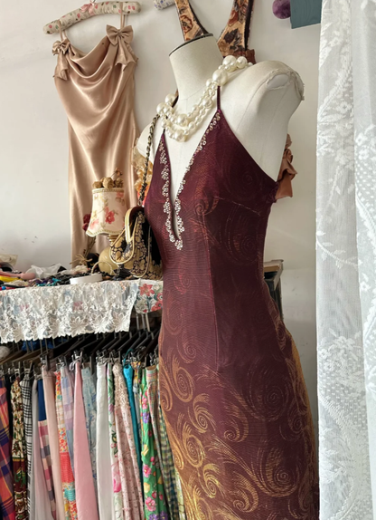 Vintage Halter V Neck Tulle Sequin Sheath Long Party Dress Evening Dress SP1716