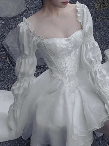 White Tea Break Dress, Romantic Prom Dress,Ruffle Corset Top, Graduation Dress, Flowy Princess Dress Y5384