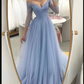 Simple blue tulle long prom dress blue tulle formal dress Y6217