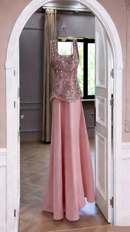 Pretty Pink Satin Beaded A Line Long Wedding Guest Dress Formal Birthday Party Dress SP1751
