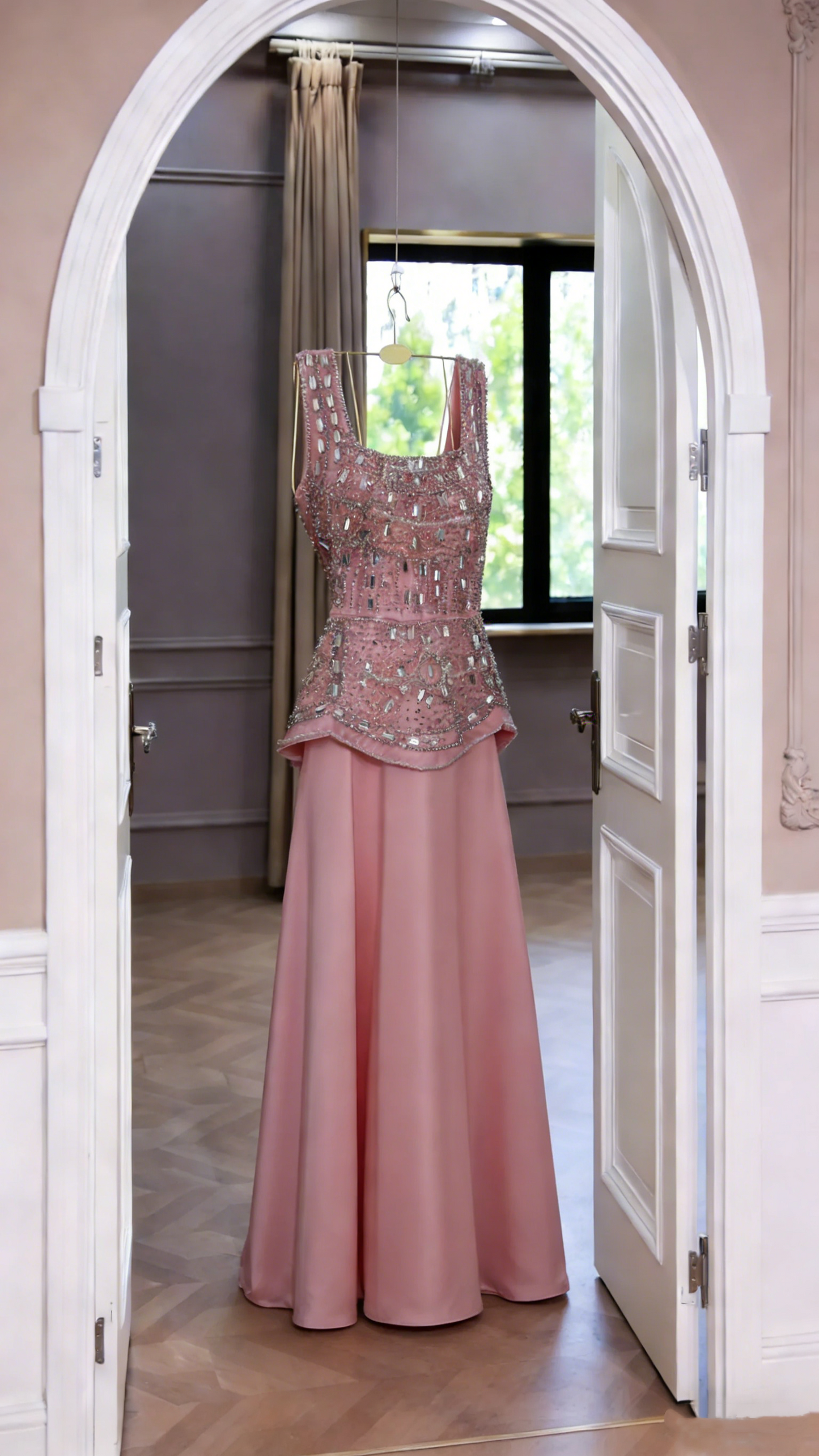 Pretty Pink Satin Beaded A Line Long Wedding Guest Dress Formal Birthday Party Dress SP1751