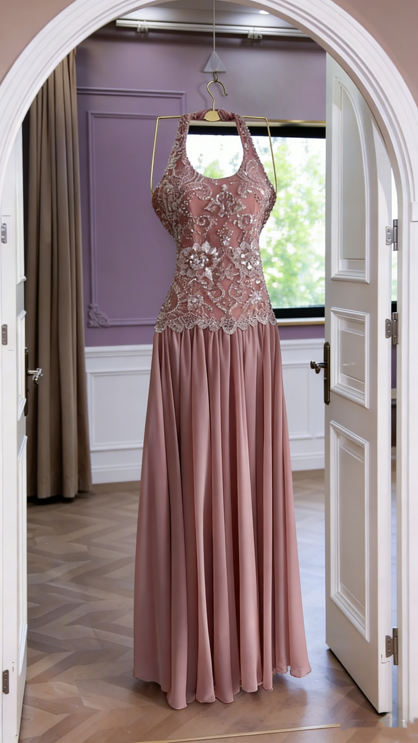 Classy Halter Pink Chiffon Beaded Long Party Dress 18th Birthday Outfits SP1753