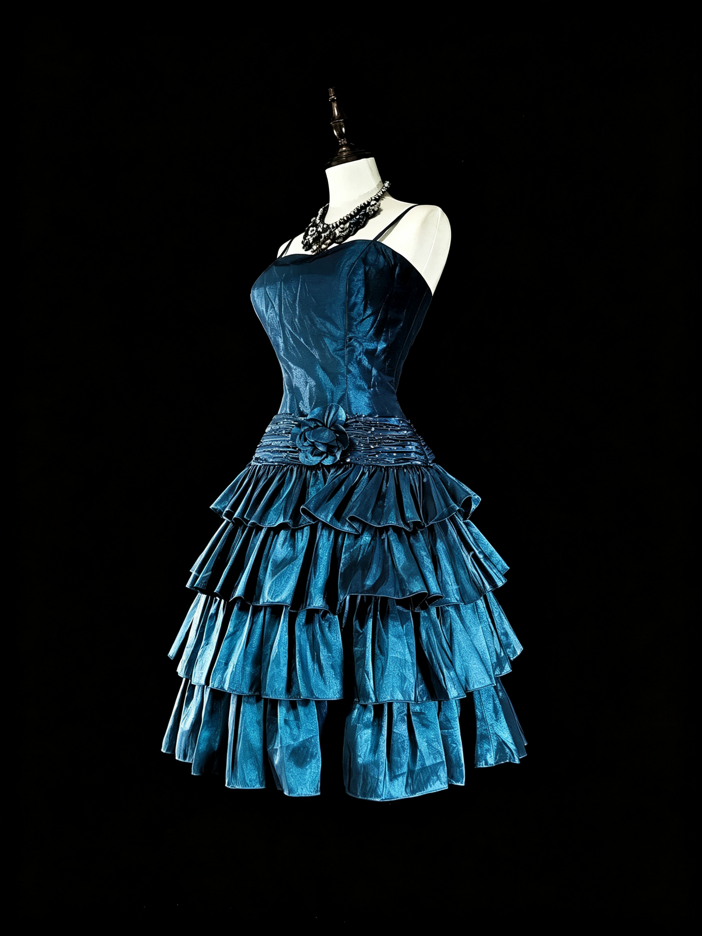 Elegant Peacock Blue Satin Floral Beaded Layered Short Homecoming Dress,Spaghetti Straps A Line Mini Prom Dress SP3394