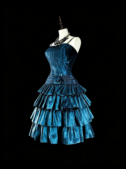 Elegant Peacock Blue Satin Floral Beaded Layered Short Homecoming Dress,Spaghetti Straps A Line Mini Prom Dress SP3394