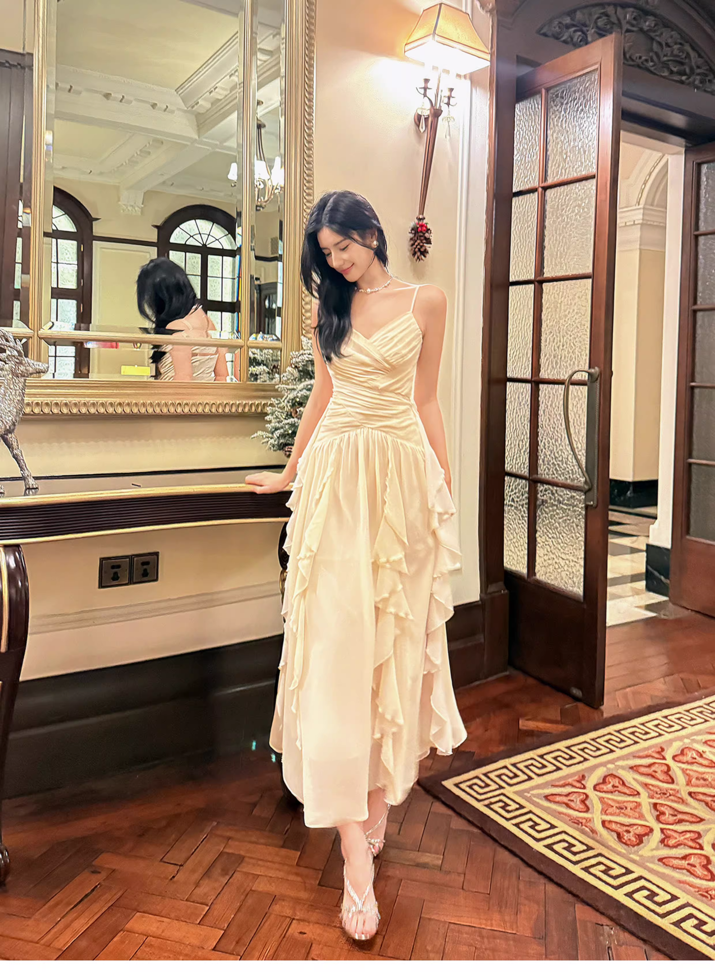 Classy White Spaghetti Straps Chiffon Ruffles Long Wedding Guest Dress Party Dress SP2011