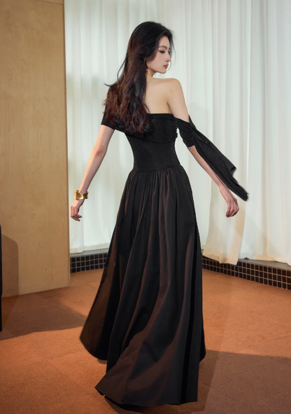 Chic Off The Shoulder Black Satin A Line Long Evening Dress Formal Wedding Guest Dress SP2087