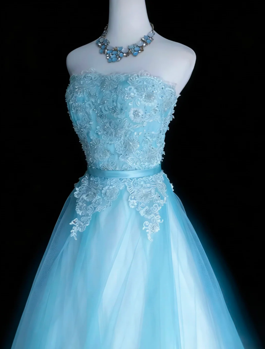 Sweet Strapless Ice Blue Tulle Appliques Beaded Long Birthday Prom Dress Evening Dress SP1848