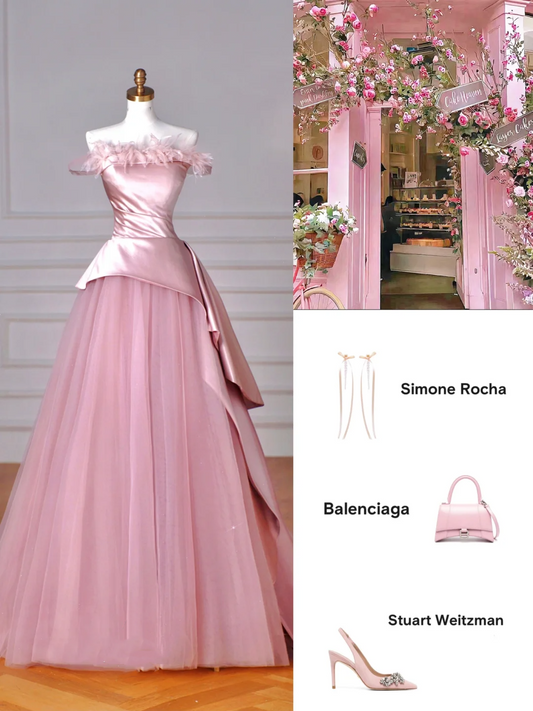 Elegant Feathers Neck Strapless Tulle Satin Ball Gown,Pink A Line Prom Evening Dress Y8629