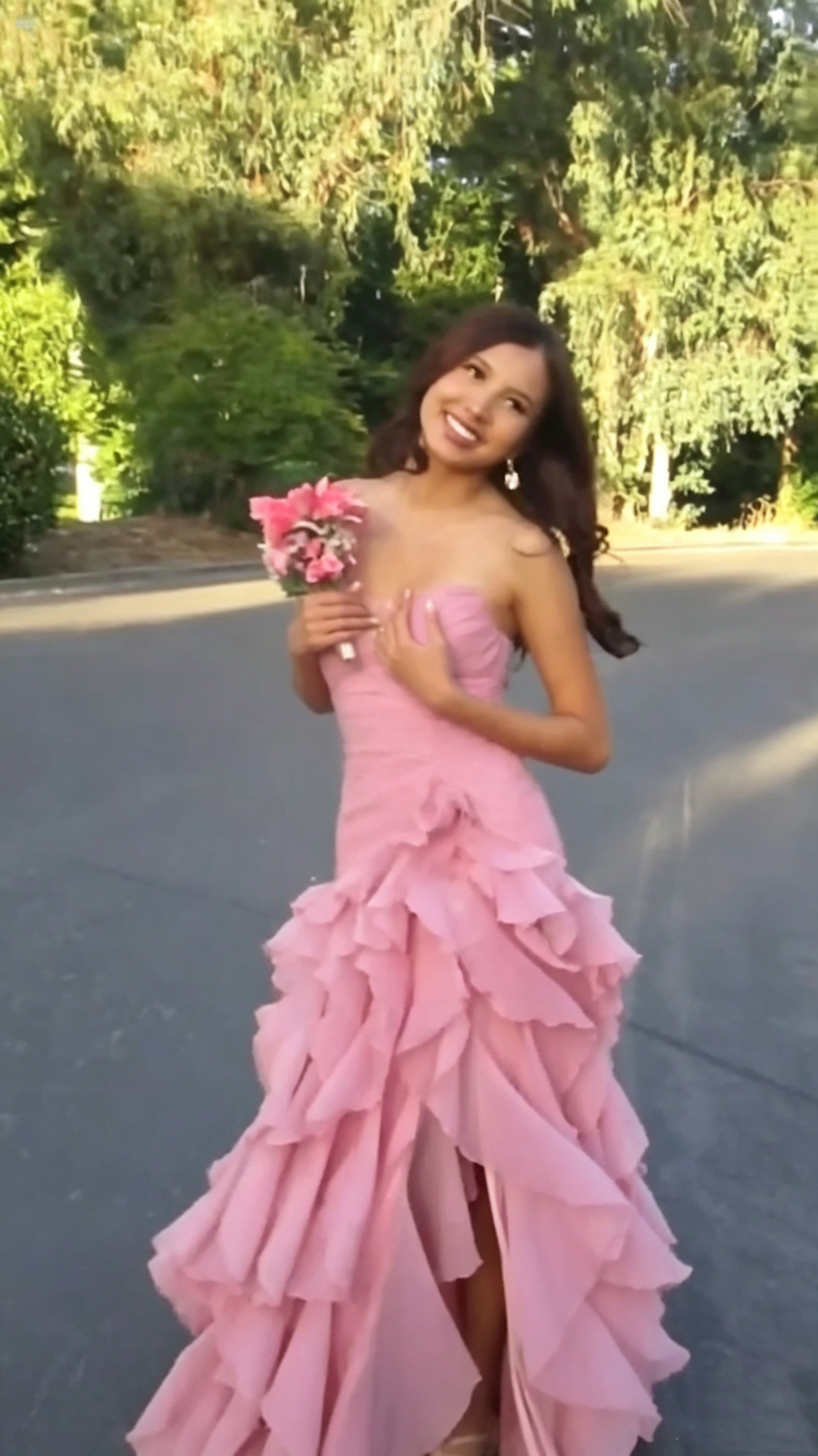 Elegant Pink Strapless Chiffon Ruffled Slit Mermaid Long Party Dress Birthday Prom Dress SP3651