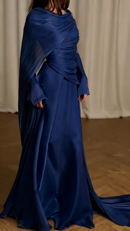 Elegant Blue Tulle Pleated Mermaid Long Party Dress Prom Gown Formal Wedding Guest Dress SP1312