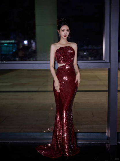 Burgundy Strapless Sequin Rose Flowers Prom Dress,Mermaid Long Evening Dress Y8595